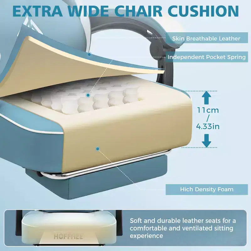 Chaise gaming de massage Hoffree en cuir, chaise de bureau PC ergonomique avec repose-pieds et réglable
