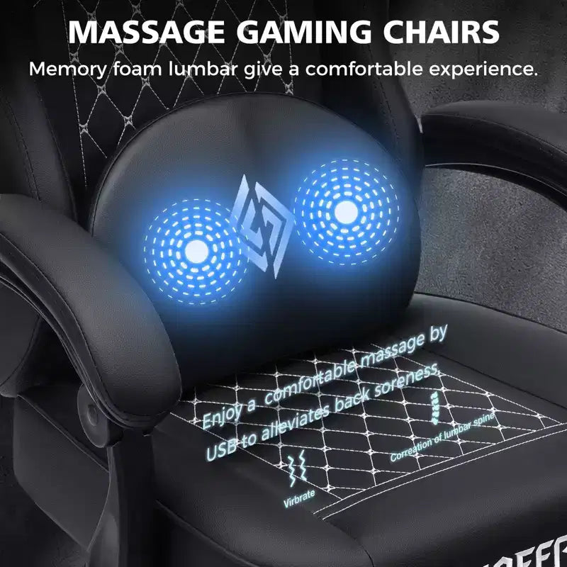 Chaise gaming de massage Hoffree en cuir, chaise de bureau PC ergonomique avec repose-pieds et réglable