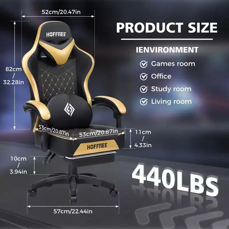 Chaise gaming de massage Hoffree en cuir, chaise de bureau PC ergonomique avec repose-pieds et réglable