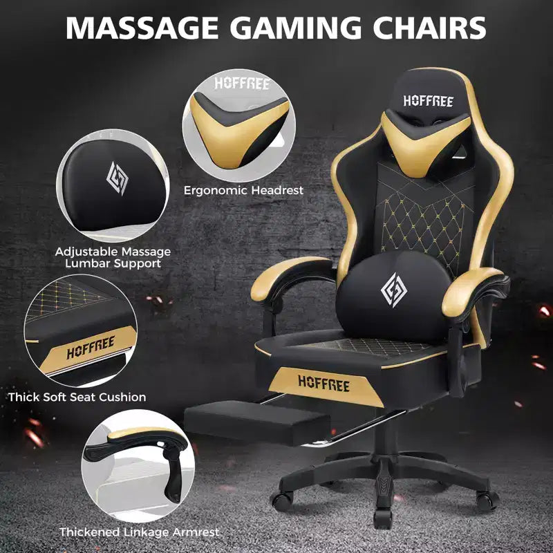Chaise gaming de massage Hoffree en cuir, chaise de bureau PC ergonomique avec repose-pieds et réglable