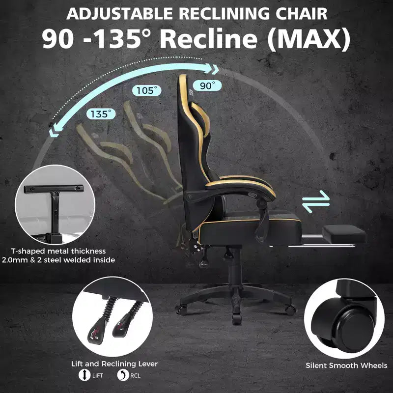 Chaise gaming de massage Hoffree en cuir, chaise de bureau PC ergonomique avec repose-pieds et réglable