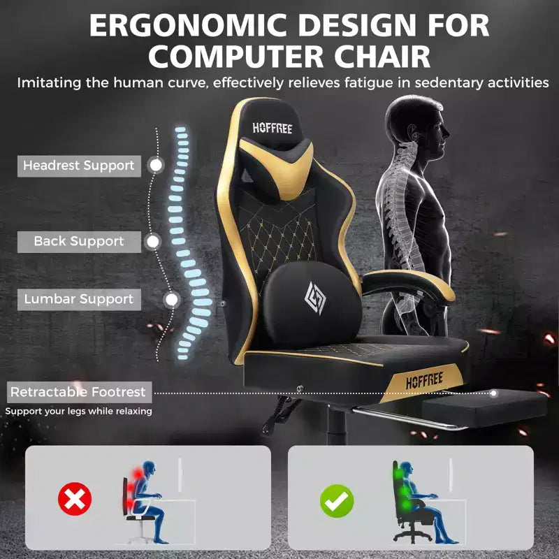 Chaise gaming de massage Hoffree en cuir, chaise de bureau PC ergonomique avec repose-pieds et réglable