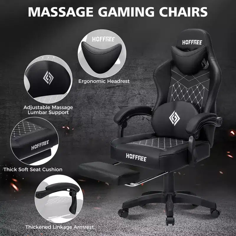 Chaise gaming de massage Hoffree en cuir, chaise de bureau PC ergonomique avec repose-pieds et réglable