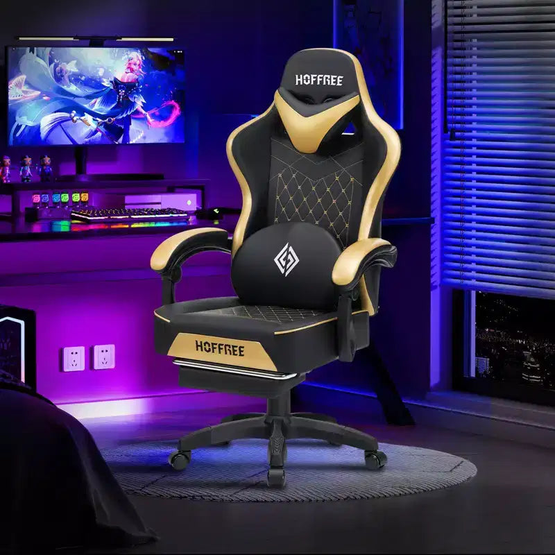 Chaise gaming de massage Hoffree en cuir, chaise de bureau PC ergonomique avec repose-pieds et réglable