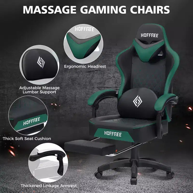 Chaise gaming de massage Hoffree en cuir, chaise de bureau PC ergonomique avec repose-pieds et réglable
