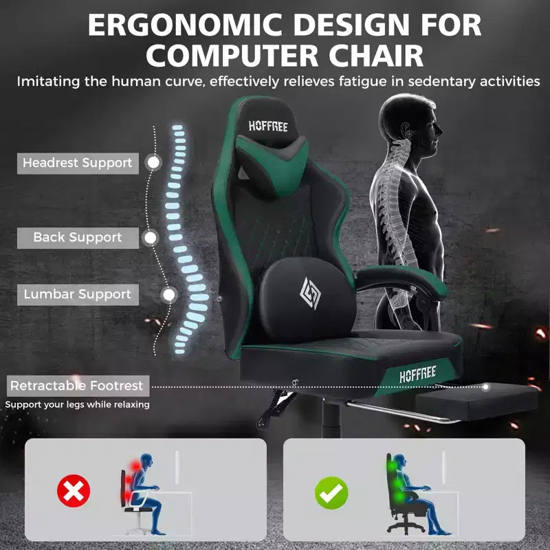 Chaise gaming de massage Hoffree en cuir, chaise de bureau PC ergonomique avec repose-pieds et réglable