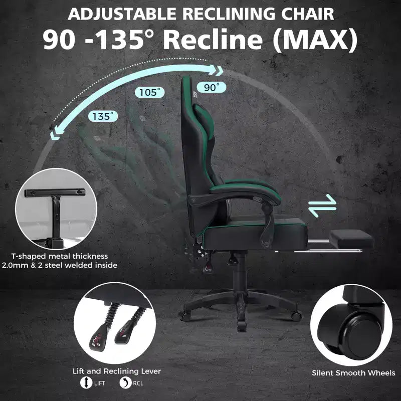 Chaise gaming de massage Hoffree en cuir, chaise de bureau PC ergonomique avec repose-pieds et réglable