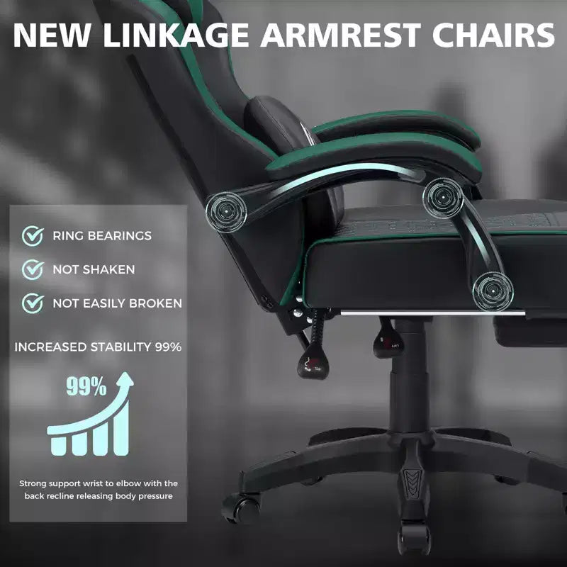 Chaise gaming de massage Hoffree en cuir, chaise de bureau PC ergonomique avec repose-pieds et réglable