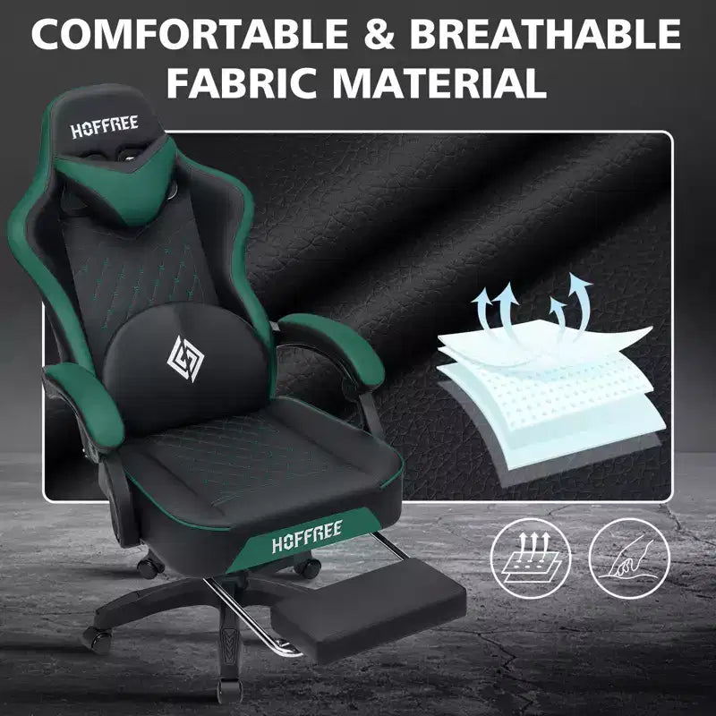 Chaise gaming de massage Hoffree en cuir, chaise de bureau PC ergonomique avec repose-pieds et réglable