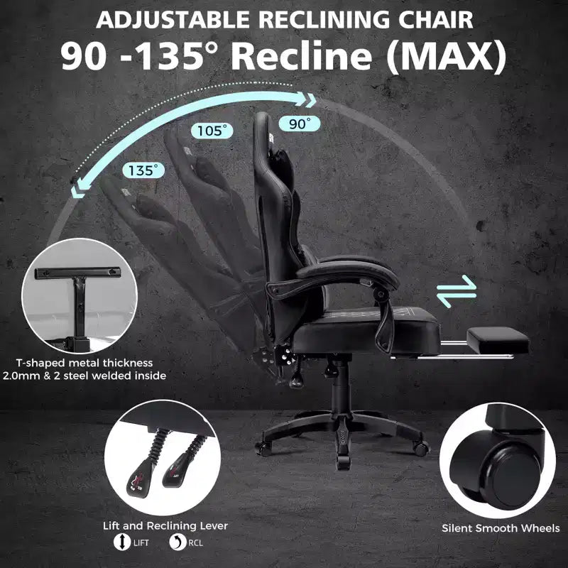 Chaise gaming de massage Hoffree en cuir, chaise de bureau PC ergonomique avec repose-pieds et réglable