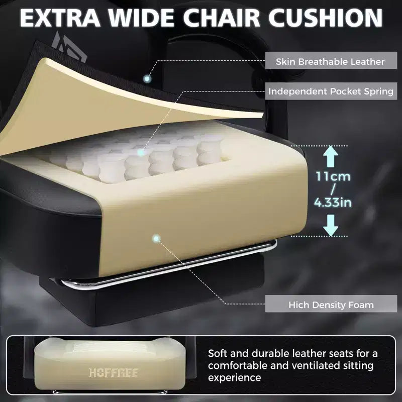 Chaise gaming de massage Hoffree en cuir, chaise de bureau PC ergonomique avec repose-pieds et réglable