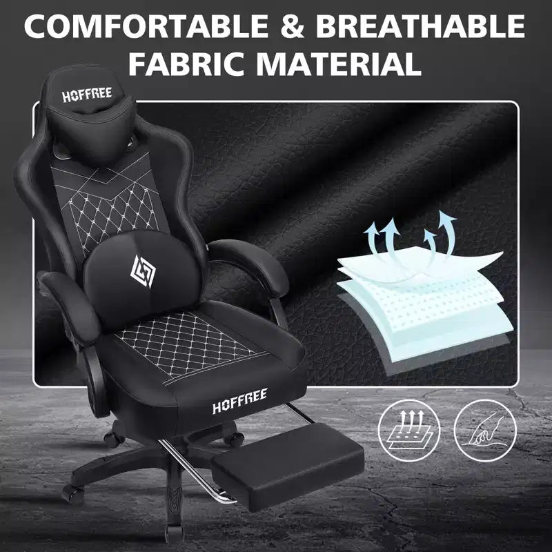 Chaise gaming de massage Hoffree en cuir, chaise de bureau PC ergonomique avec repose-pieds et réglable