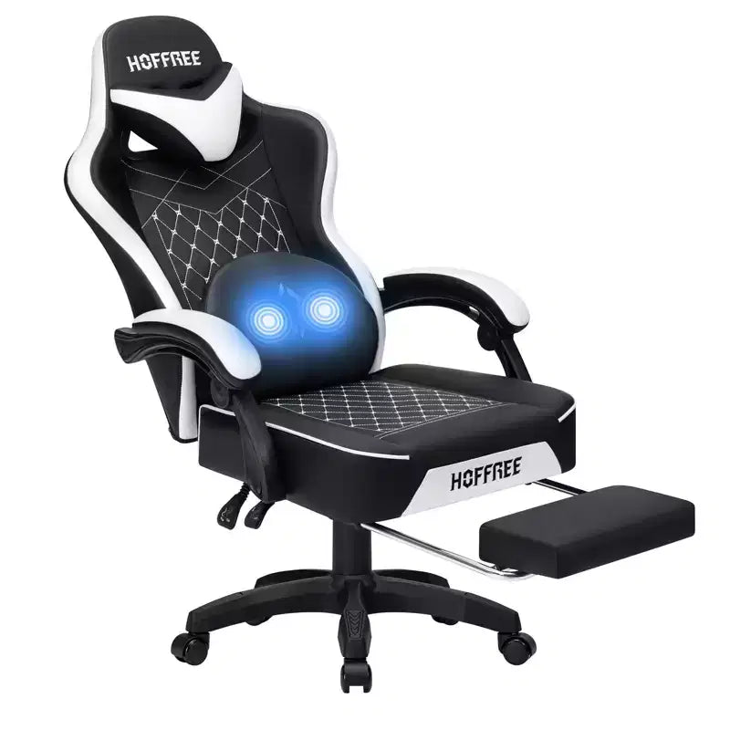 Chaise gaming de massage Hoffree en cuir, chaise de bureau PC ergonomique avec repose-pieds et réglable
