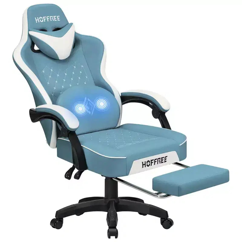 Chaise gaming de massage Hoffree en cuir, chaise de bureau PC ergonomique avec repose-pieds et réglable