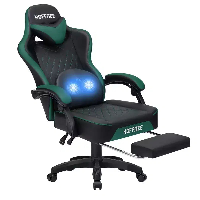 Chaise gaming de massage Hoffree en cuir, chaise de bureau PC ergonomique avec repose-pieds et réglable