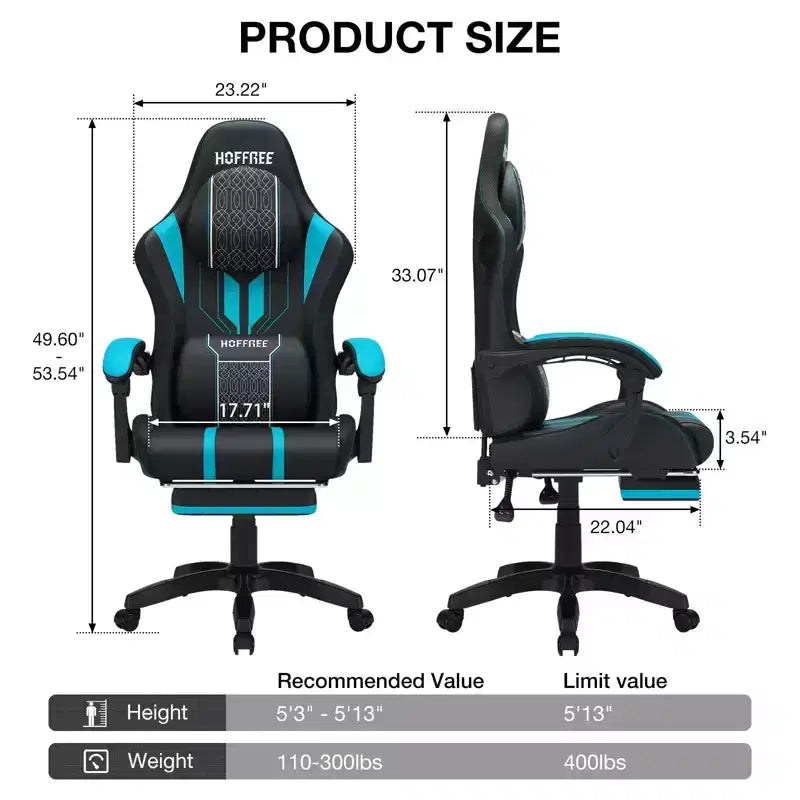 Chaise de jeu massante extra large Hoffree, chaise de bureau PC ergonomique avec haut-parleur Bluetooth et lumière RVB