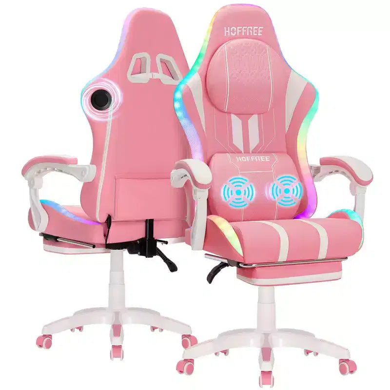 Chaise de jeu massante extra large Hoffree, chaise de bureau PC ergonomique avec haut-parleur Bluetooth et lumière RVB