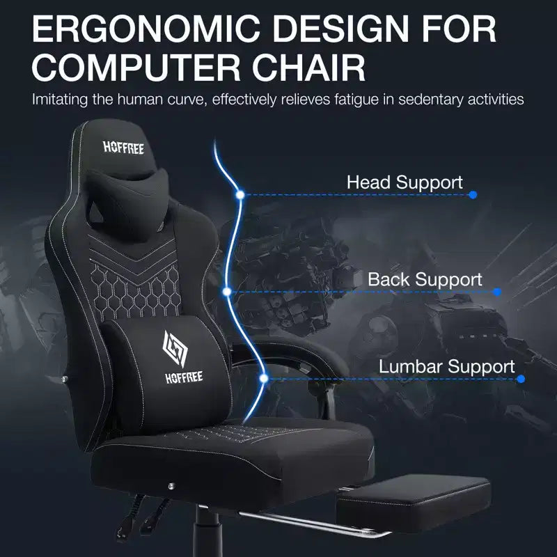 Chaise gaming de massage Hoffree en tissu respirant, chaise de bureau PC ergonomique avec repose-pieds et réglable