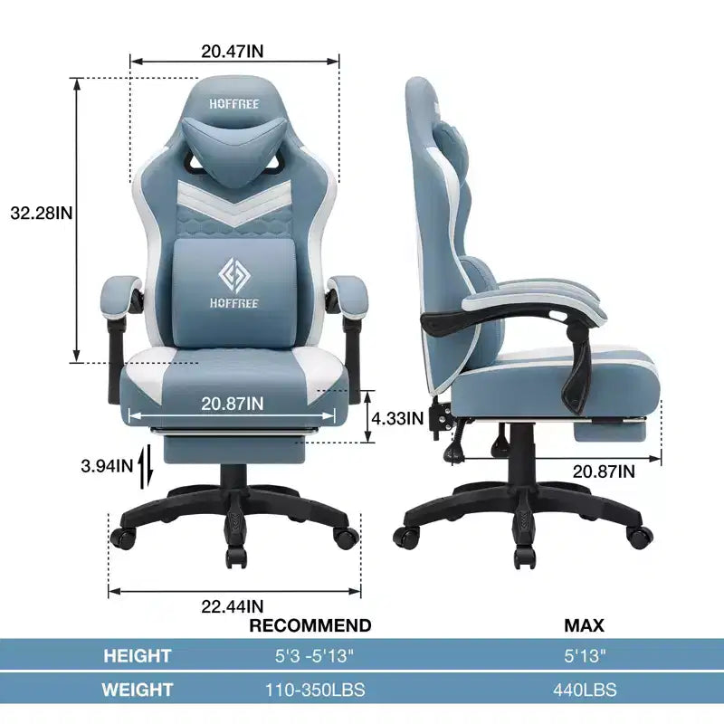 Chaise gaming de massage Hoffree en tissu respirant, chaise de bureau PC ergonomique avec repose-pieds et réglable