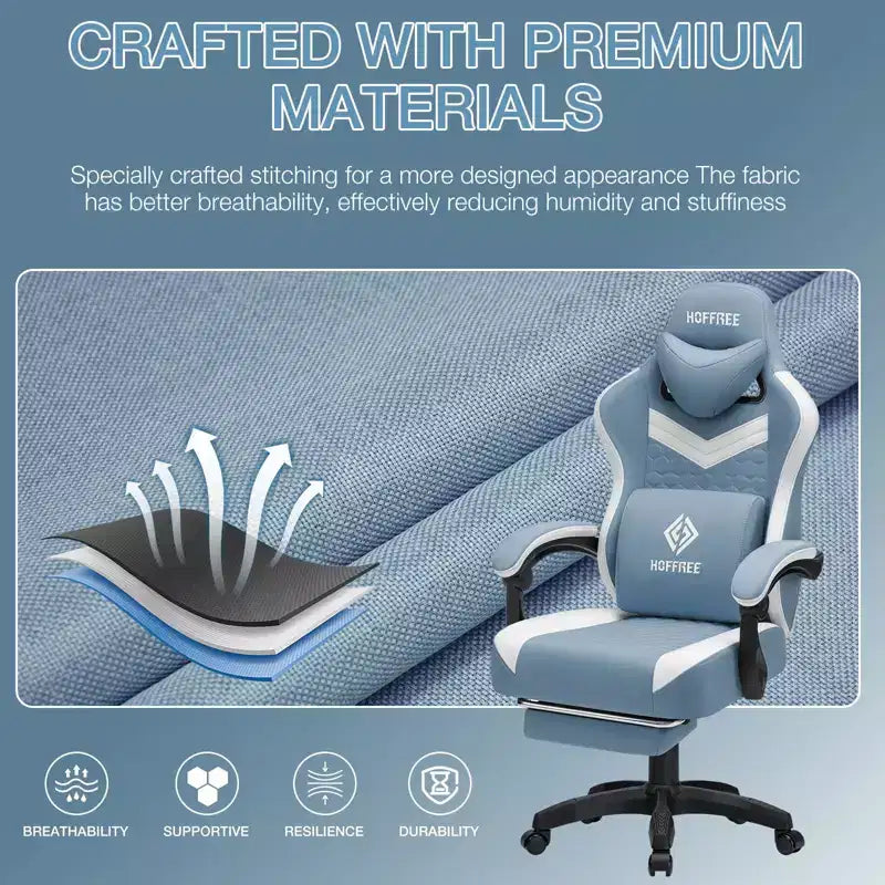 Chaise gaming de massage Hoffree en tissu respirant, chaise de bureau PC ergonomique avec repose-pieds et réglable