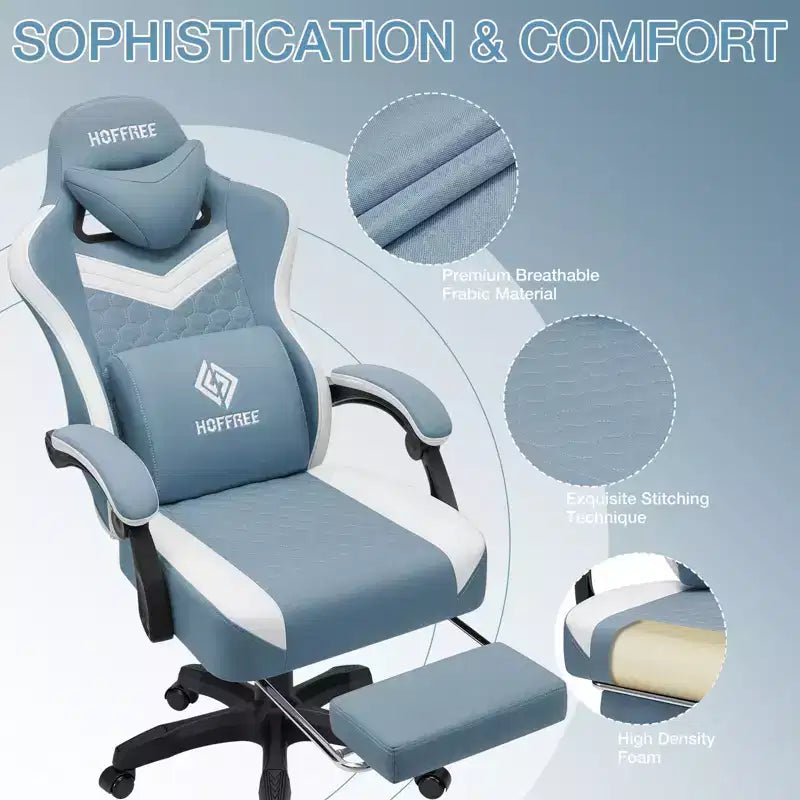 Chaise gaming de massage Hoffree en tissu respirant, chaise de bureau PC ergonomique avec repose-pieds et réglable