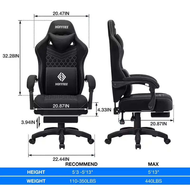 Chaise gaming de massage Hoffree en tissu respirant, chaise de bureau PC ergonomique avec repose-pieds et réglable