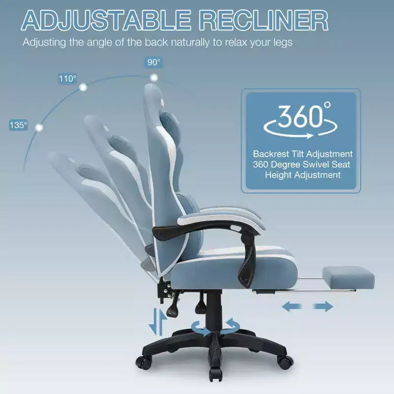 Chaise gaming de massage Hoffree en tissu respirant, chaise de bureau PC ergonomique avec repose-pieds et réglable