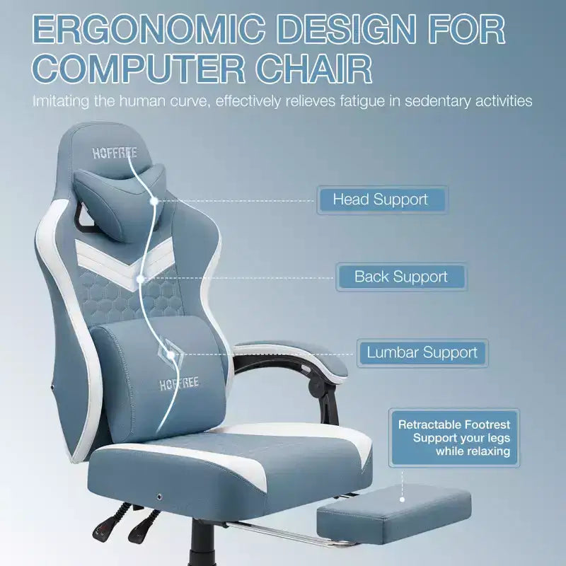 Chaise gaming de massage Hoffree en tissu respirant, chaise de bureau PC ergonomique avec repose-pieds et réglable
