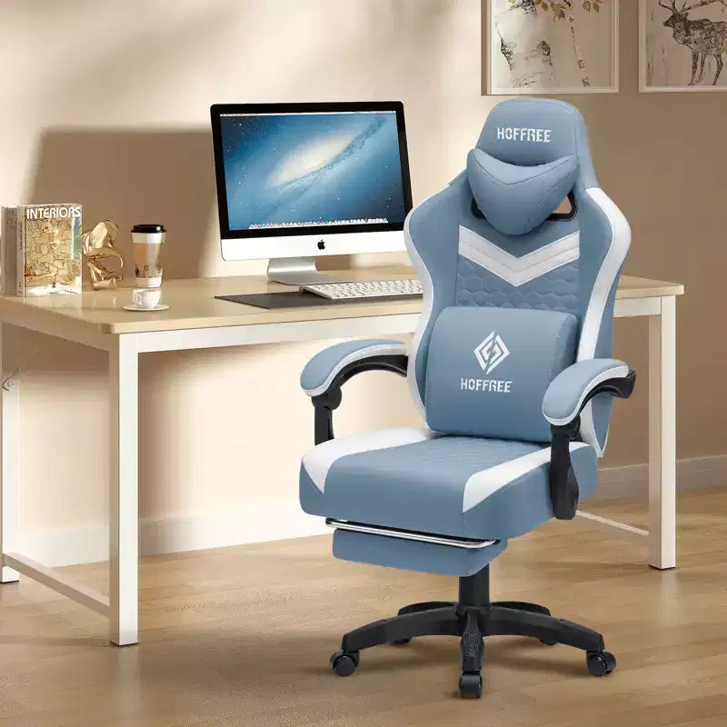 Chaise gaming de massage Hoffree en tissu respirant, chaise de bureau PC ergonomique avec repose-pieds et réglable