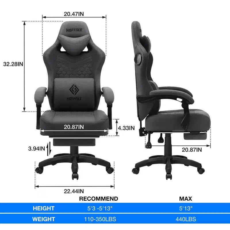 Chaise gaming de massage Hoffree en tissu respirant, chaise de bureau PC ergonomique avec repose-pieds et réglable
