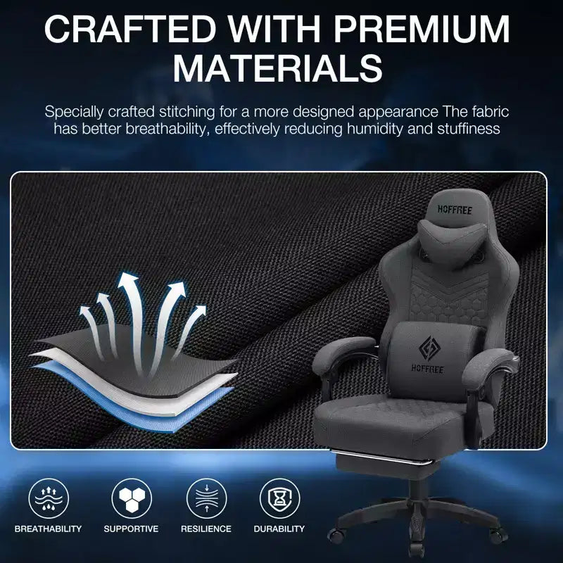 Chaise gaming de massage Hoffree en tissu respirant, chaise de bureau PC ergonomique avec repose-pieds et réglable
