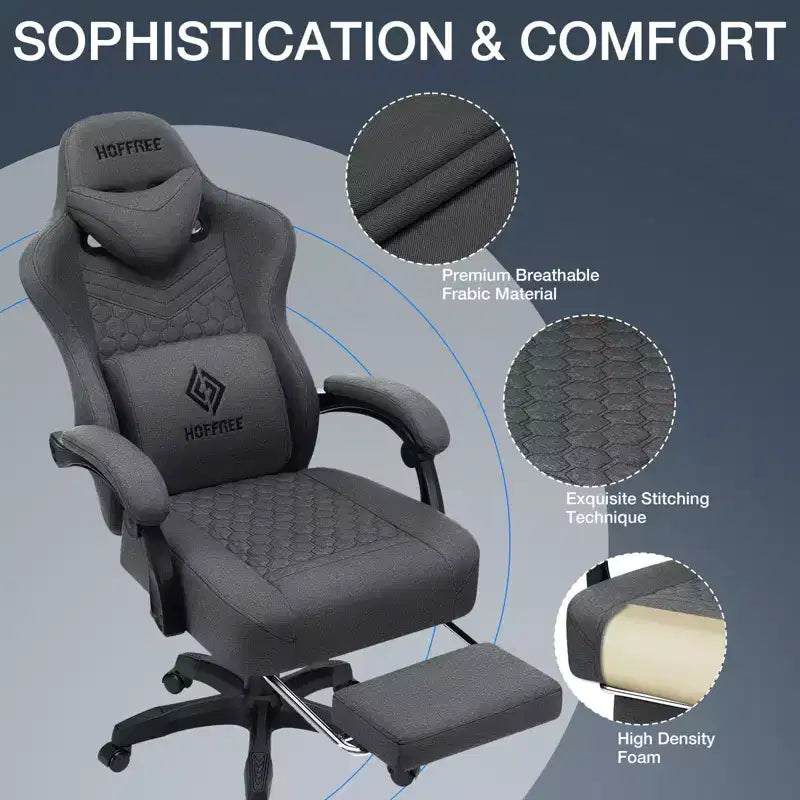 Chaise gaming de massage Hoffree en tissu respirant, chaise de bureau PC ergonomique avec repose-pieds et réglable