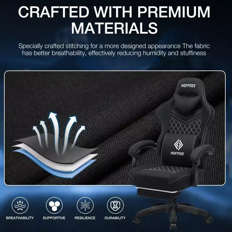 Chaise gaming de massage Hoffree en tissu respirant, chaise de bureau PC ergonomique avec repose-pieds et réglable