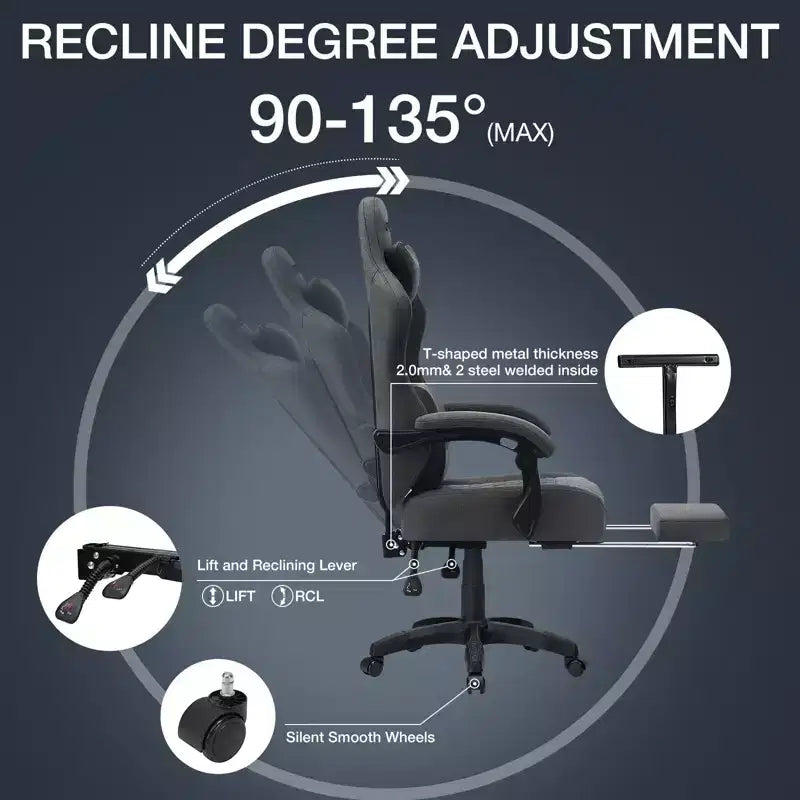 Chaise gaming de massage Hoffree en tissu respirant, chaise de bureau PC ergonomique avec repose-pieds et réglable
