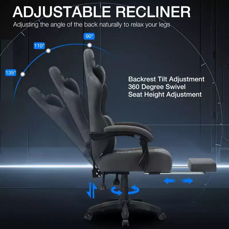 Chaise gaming de massage Hoffree en tissu respirant, chaise de bureau PC ergonomique avec repose-pieds et réglable