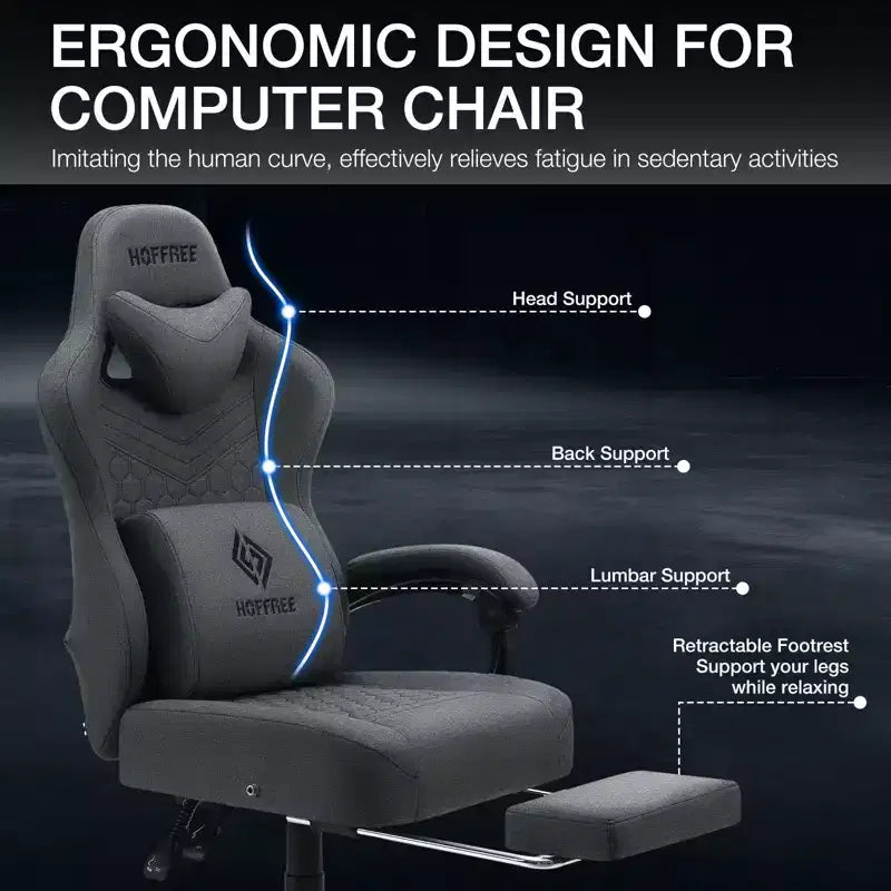 Chaise gaming de massage Hoffree en tissu respirant, chaise de bureau PC ergonomique avec repose-pieds et réglable