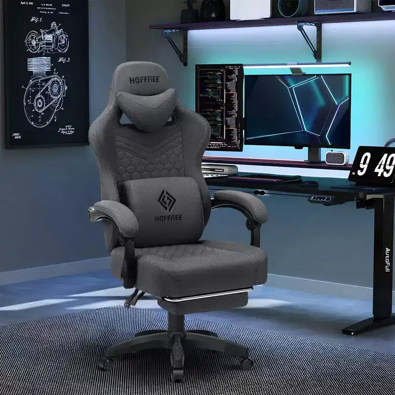 Chaise gaming de massage Hoffree en tissu respirant, chaise de bureau PC ergonomique avec repose-pieds et réglable