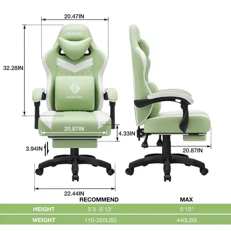 Chaise gaming de massage Hoffree en tissu respirant, chaise de bureau PC ergonomique avec repose-pieds et réglable