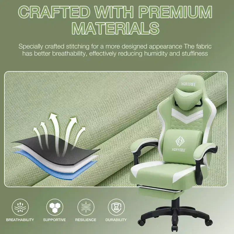 Chaise gaming de massage Hoffree en tissu respirant, chaise de bureau PC ergonomique avec repose-pieds et réglable