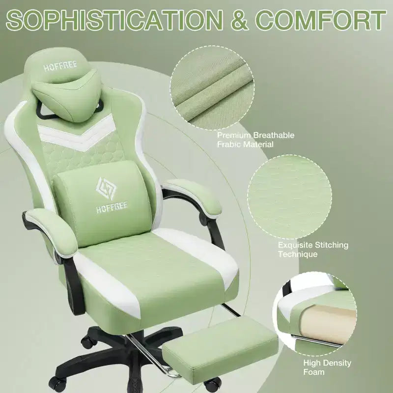 Chaise gaming de massage Hoffree en tissu respirant, chaise de bureau PC ergonomique avec repose-pieds et réglable