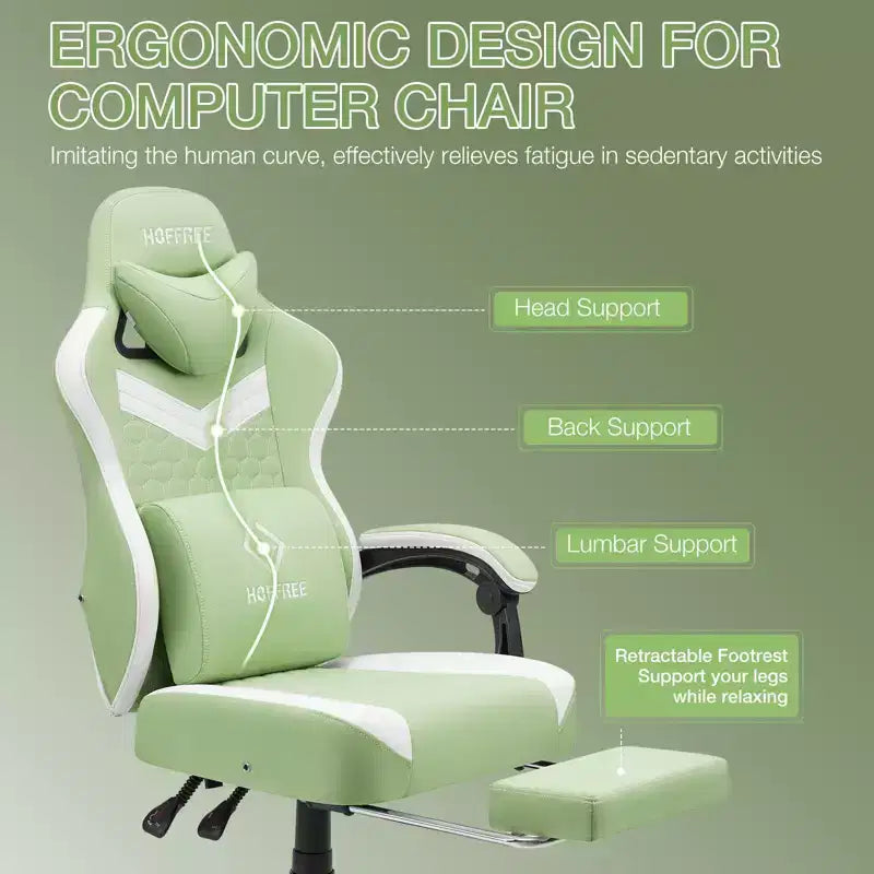 Chaise gaming de massage Hoffree en tissu respirant, chaise de bureau PC ergonomique avec repose-pieds et réglable