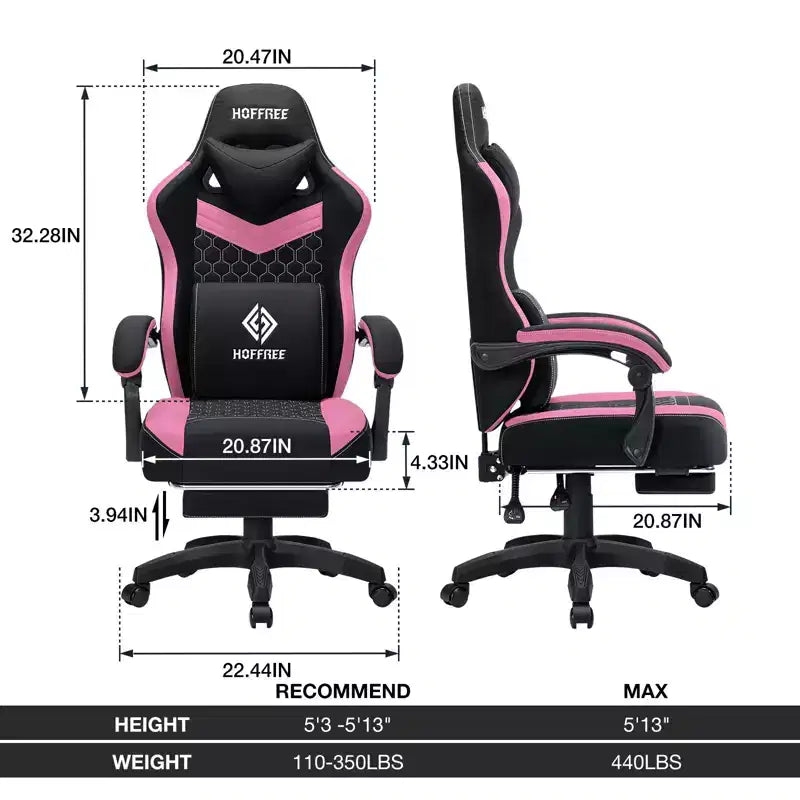 Chaise gaming de massage Hoffree en tissu respirant, chaise de bureau PC ergonomique avec repose-pieds et réglable
