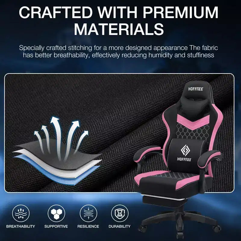 Chaise gaming de massage Hoffree en tissu respirant, chaise de bureau PC ergonomique avec repose-pieds et réglable