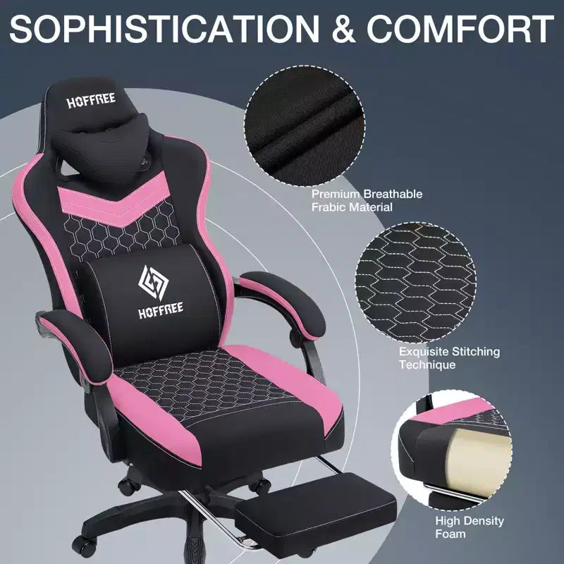 Chaise gaming de massage Hoffree en tissu respirant, chaise de bureau PC ergonomique avec repose-pieds et réglable