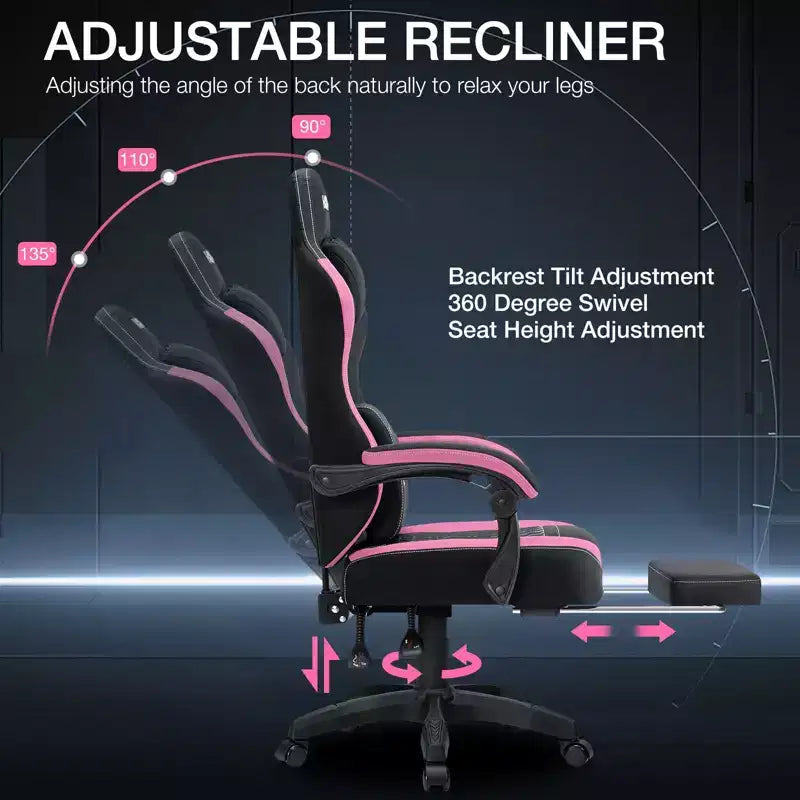 Chaise gaming de massage Hoffree en tissu respirant, chaise de bureau PC ergonomique avec repose-pieds et réglable