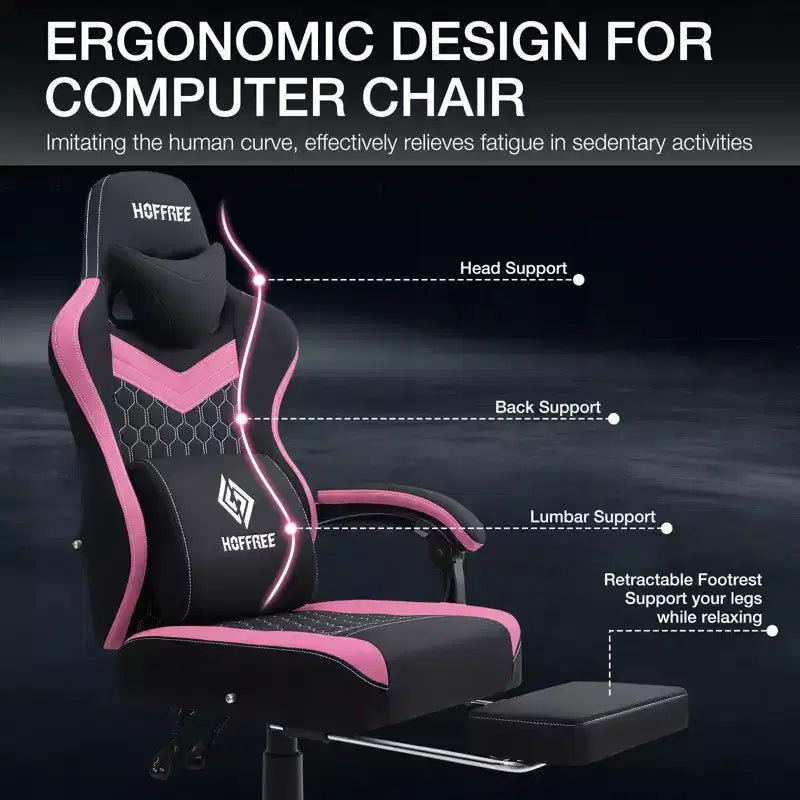 Chaise gaming de massage Hoffree en tissu respirant, chaise de bureau PC ergonomique avec repose-pieds et réglable