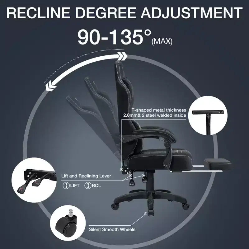 Chaise gaming de massage Hoffree en tissu respirant, chaise de bureau PC ergonomique avec repose-pieds et réglable
