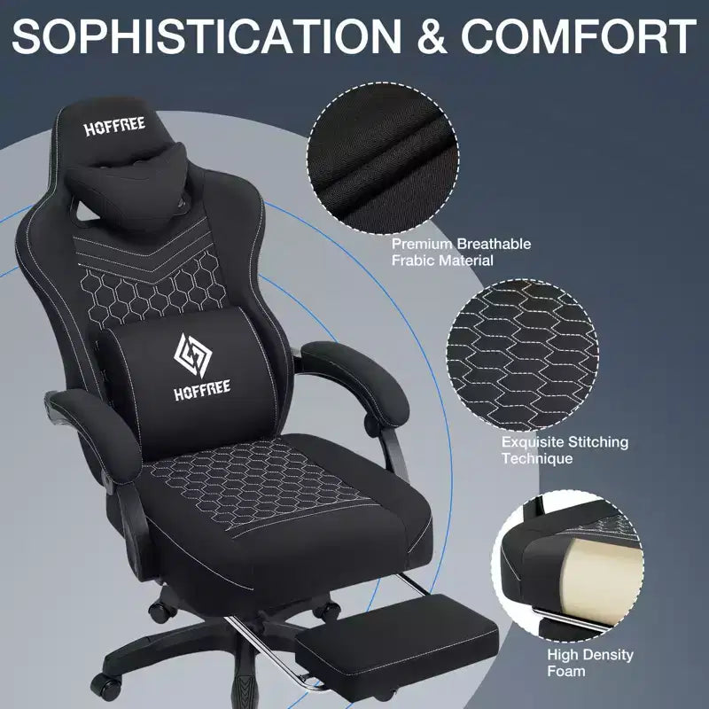 Chaise gaming de massage Hoffree en tissu respirant, chaise de bureau PC ergonomique avec repose-pieds et réglable