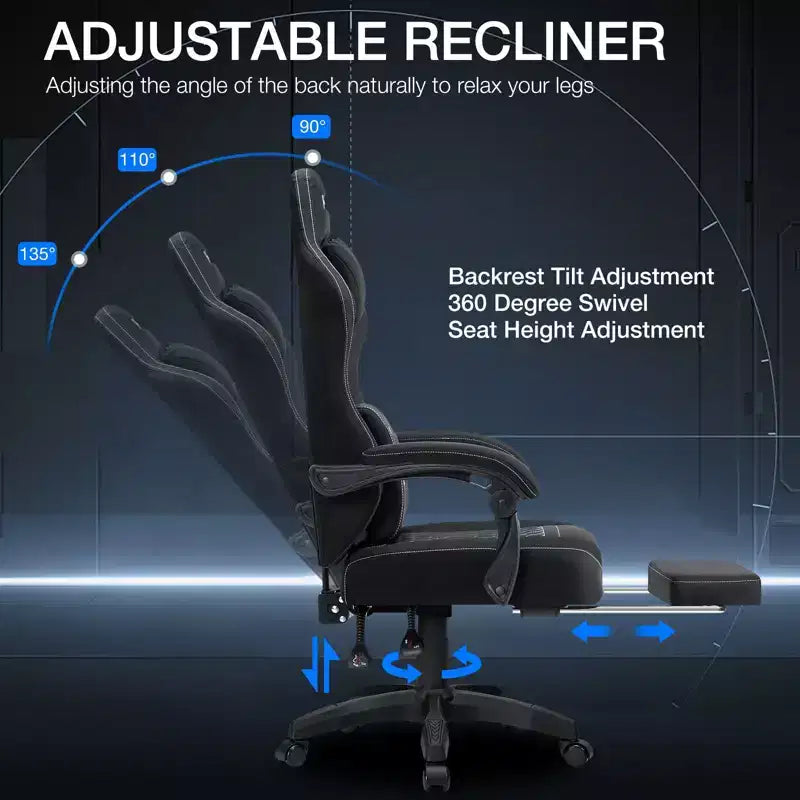 Chaise gaming de massage Hoffree en tissu respirant, chaise de bureau PC ergonomique avec repose-pieds et réglable