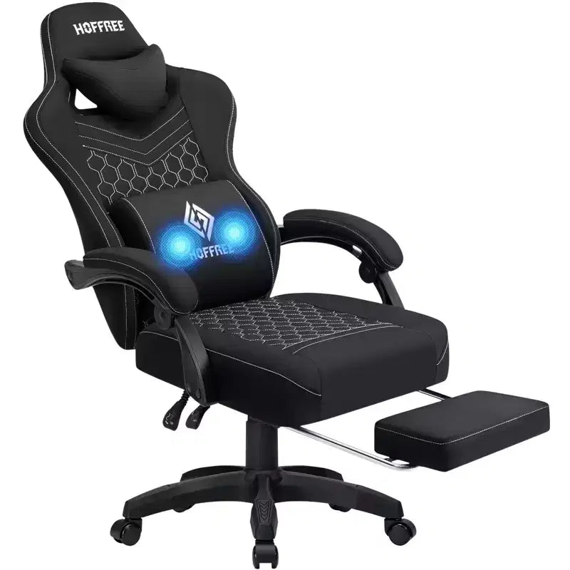 Chaise gaming de massage Hoffree en tissu respirant, chaise de bureau PC ergonomique avec repose-pieds et réglable